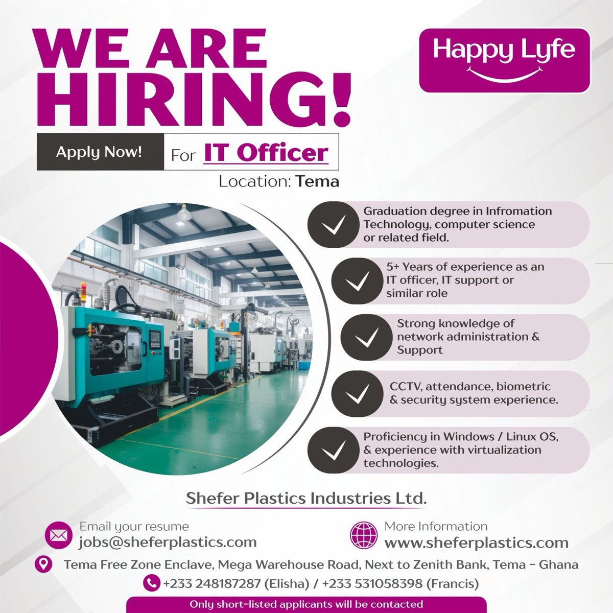more open roles from a manufacturing company in Tema

—————————————————
#jobsinaccra #jobsinghana #accrajobs #vacanciesghana #vacanciesinaccra #findajobghana #hiringaccra #jobopportunitiesghana #temajobs #jobsintema