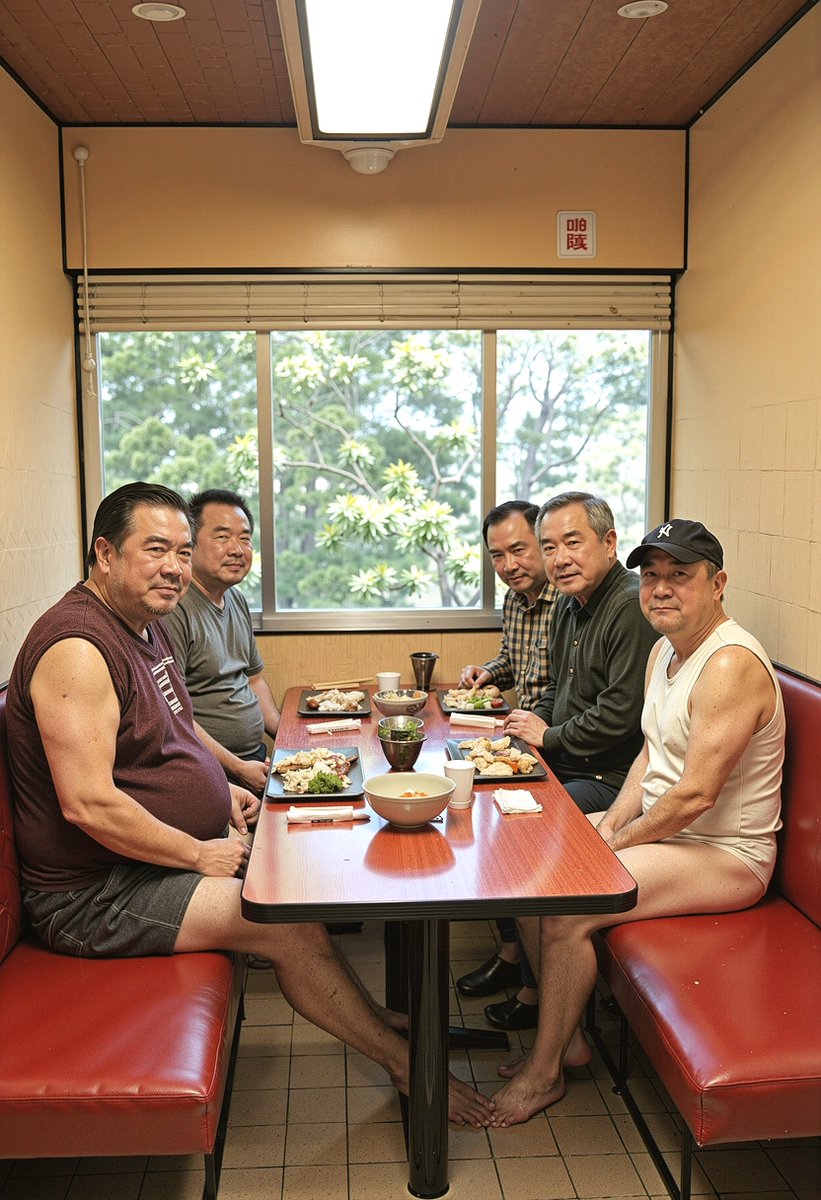 教AI怎么做一张模拟现实照片，虽然不知道为什么要赤脚，为什么五人吃四份餐。但给它一个合理解释是 请老板来坐坐合影，刚好某人和老板有一腿？