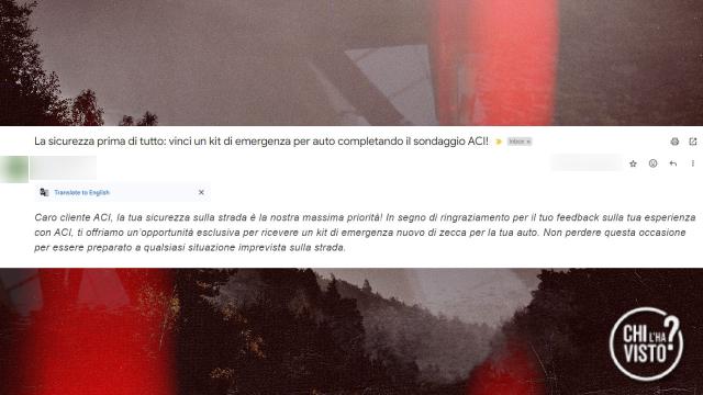 chilhavistorai3's tweet photo. "Vinci un kit di emergenza per auto": Attenzione a email come questa apparentemente provenienti dall'ACI. Invita a cliccare un link per completare un sondaggio, ma in realtà è un tentativo di #phishing per rubare dati personali. Ci sono altre segnalazioni? #chilhavisto https://t.co/GYNmUHmk3b