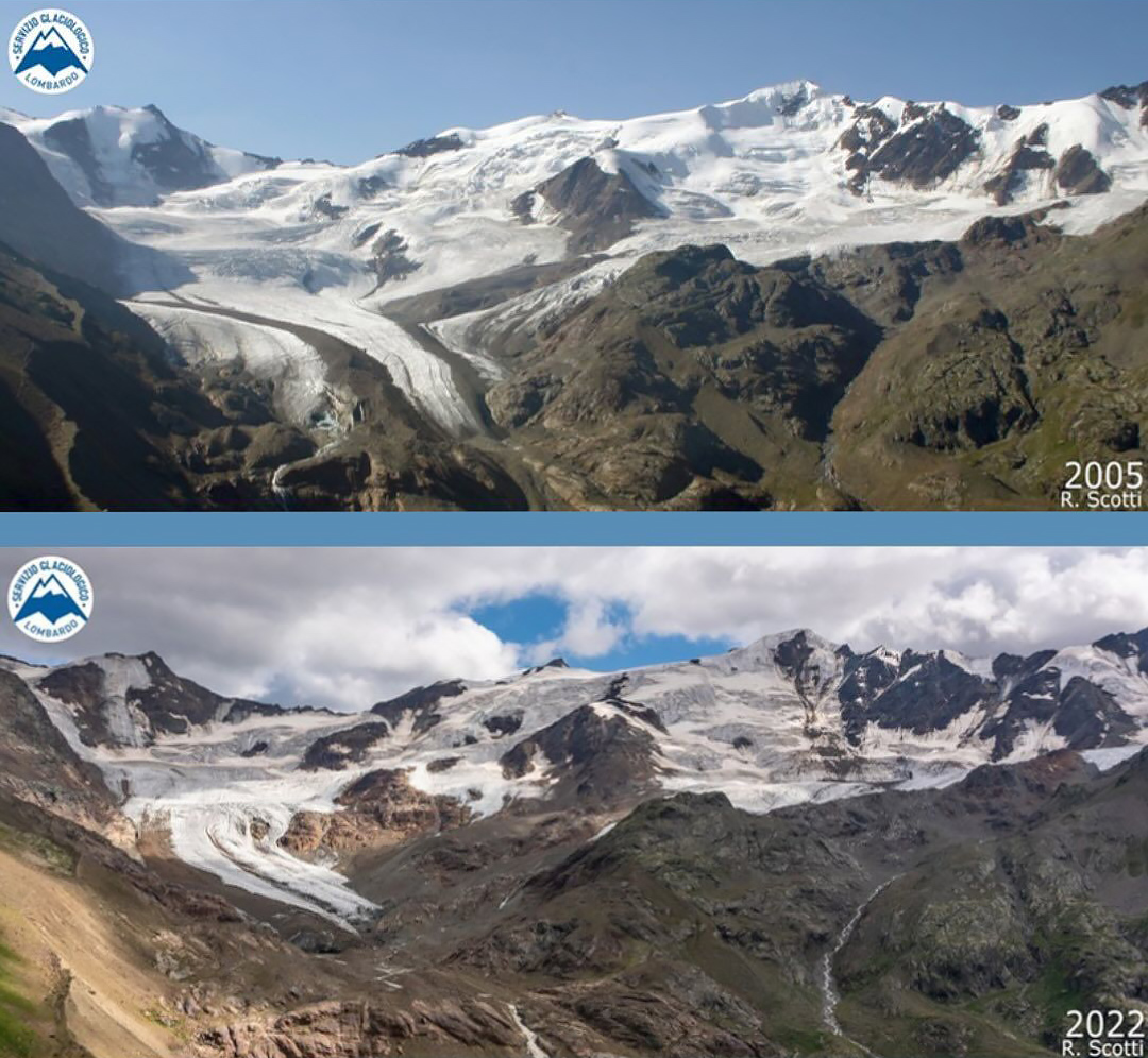 Forni Glacier (Ortles-Cevedale Group, IT)
2005-2022

What's used to be largest italian glacier, before/after the three parts have split
The eastern part (left) is not visible here

Remnants of the 2020 rock avalanche well visible! 🪨
sites.unimi.it/glaciol/index.…

Source CGL/R. Scotti