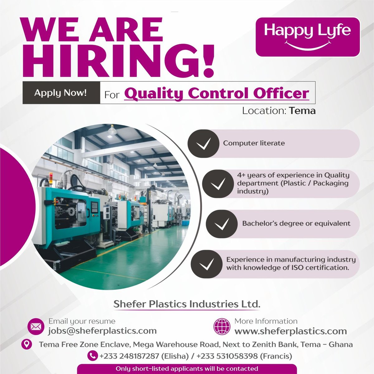 a manufacturing company in Tema is recruiting for several roles

—————————————————
#jobsinaccra #jobsinghana #accrajobs #vacanciesghana #vacanciesinaccra #findajobghana #hiringaccra #jobopportunitiesghana #temajobs #jobsintema