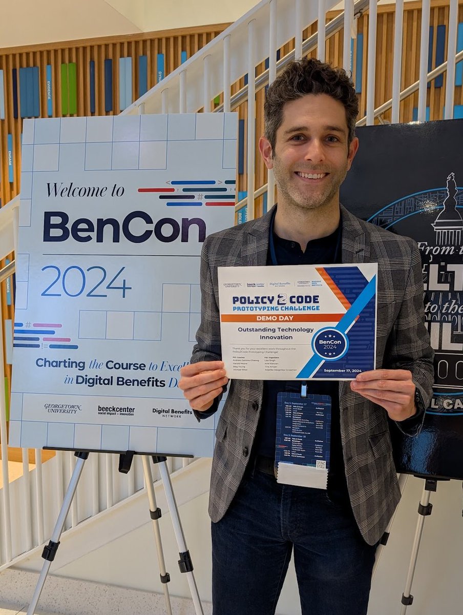 ThePolicyEngine's tweet photo. Last week, we presented our new AI-powered benefit eligibility explanations at #BenCon, where @BeeckDBN selected our prototype for the Outstanding Technology Innovation award in its Policy2Code Challenge!

We're shaping the future of AI for enhancing benefit access. More soon! https://t.co/lOe2uGmsZs