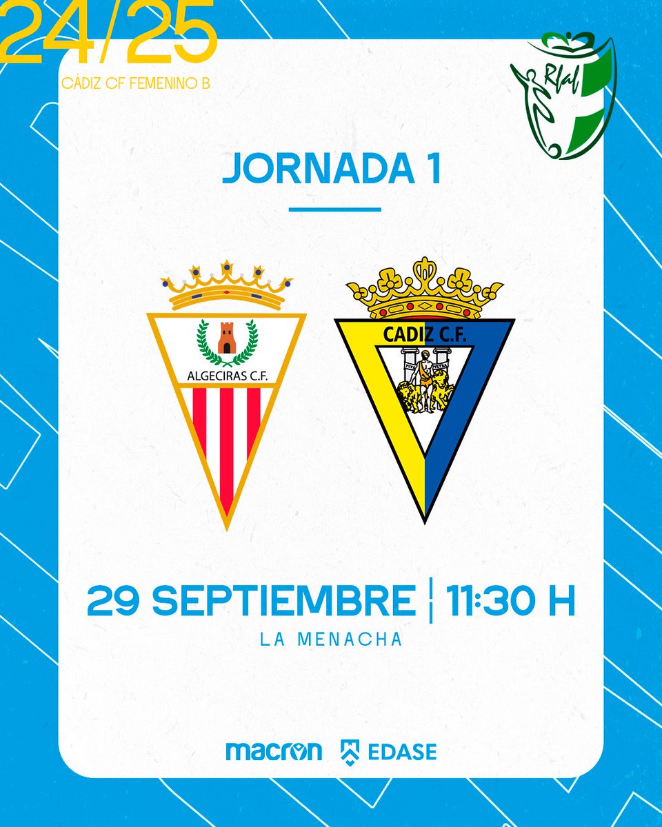 Cádiz CF Femenino (@cadiz_cffem) on Twitter photo 💛💙 #CanteraFemenino
🚨 𝐇𝐎𝐑𝐀𝐑𝐈𝐎 𝐂𝐎𝐍𝐅𝐈𝐑𝐌𝐀𝐃𝐎 🚨
🆚 <a href="/AlgecirasCF/">Algeciras CF</a>
📌 Jornada 1 Gr. 2 Segunda Andaluza
🗓️ 29/09/2024
🏟️ La Menacha
⏰ 11:30 horas 💛💙 #CanteraFemenino
🚨 𝐇𝐎𝐑𝐀𝐑𝐈𝐎 𝐂𝐎𝐍𝐅𝐈𝐑𝐌𝐀𝐃𝐎 🚨
🆚 <a href="/AlgecirasCF/">Algeciras CF</a>
📌 Jornada 1 Gr. 2 Segunda Andaluza
🗓️ 29/09/2024
🏟️ La Menacha
⏰ 11:30 horas