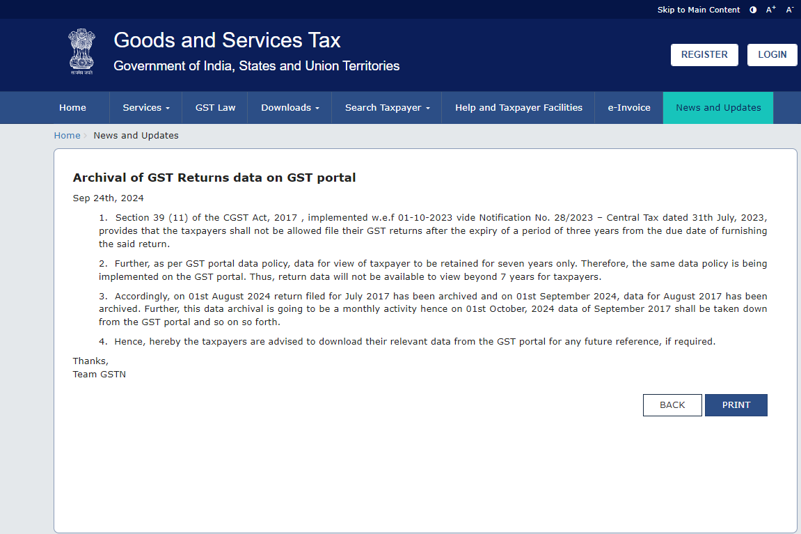 raunakkrjindal's tweet image. As per GST portal data policy, data for view of taxpayer to be retained for seven years only. Therefore, the same data policy is being implemented on the GST portal. Thus, return data will not be available to view beyond 7 years for taxpayers.

Thanks,
Team GSTN

#GSTdata
#GST