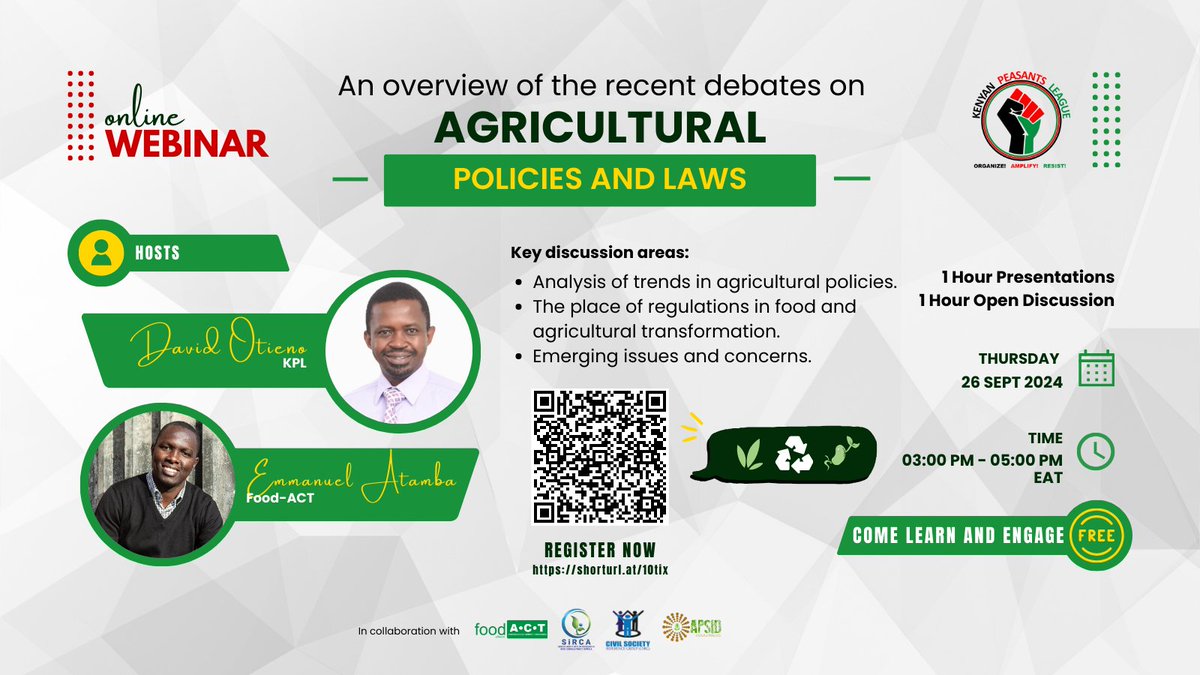 There has been a lot of debate in recent days about different agriculture laws and policies. Together with <a href="/PeasantsLeague/">Kenyan Peasants League</a> <a href="/APSIDKe/">APSID Consulting Company LTD</a> We are organizing a series of webinars to discuss the emerging issues. 

If interested in the topic, Register here: shorturl.at/10tix