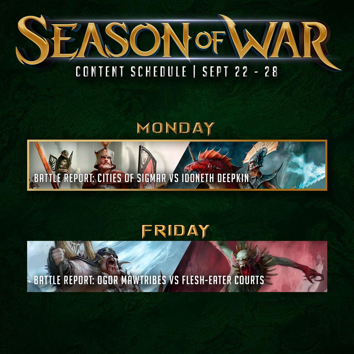 This week has some big games, and we kicked things off yesterday with a  match between the Cities of Sigmar and Idoneth Deepkin for our channel  members - and stay tuned for the Ogor Mawtribes battling the Flesh-Eater  Courts on Friday!