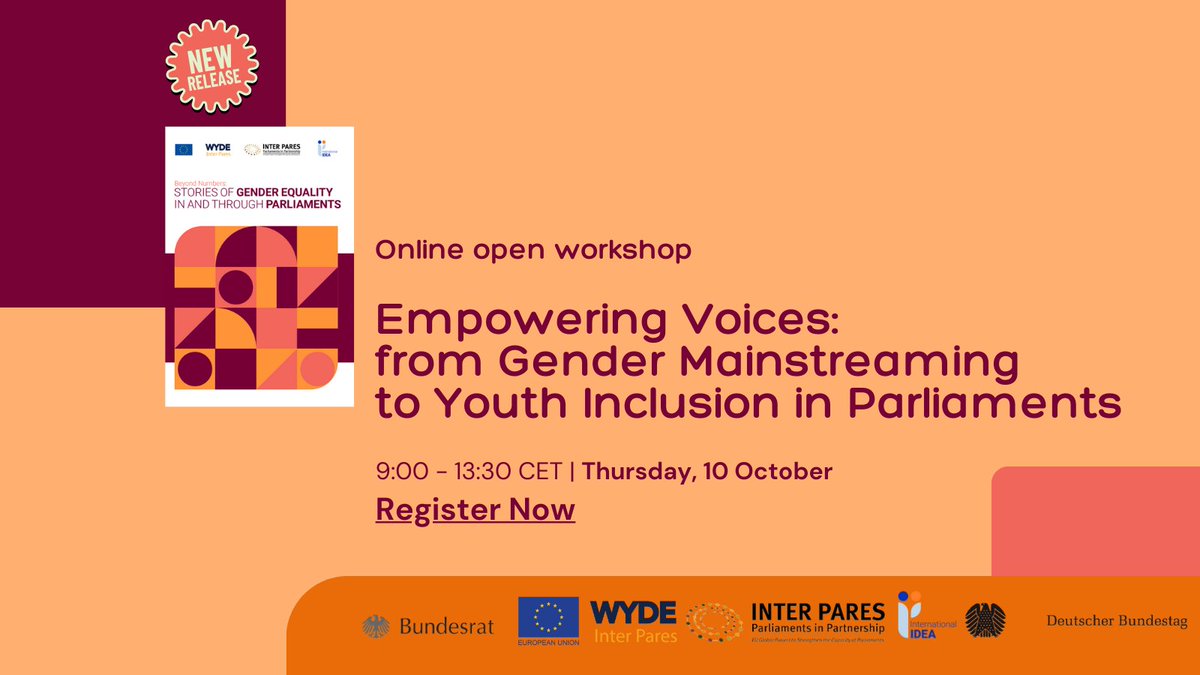 📢 Save the Date! Join us on 10 Oct 2024 for our Empowering Voices workshop on #GenderEquality &amp; #YouthInclusion in parliaments🌍
📅 When: 10 October, 09:00–13:30 CET
 📍Zoom🔗Learn more and Register here: bit.ly/voicesinparlia…
#parliaments #Diversity #womeninpolitics