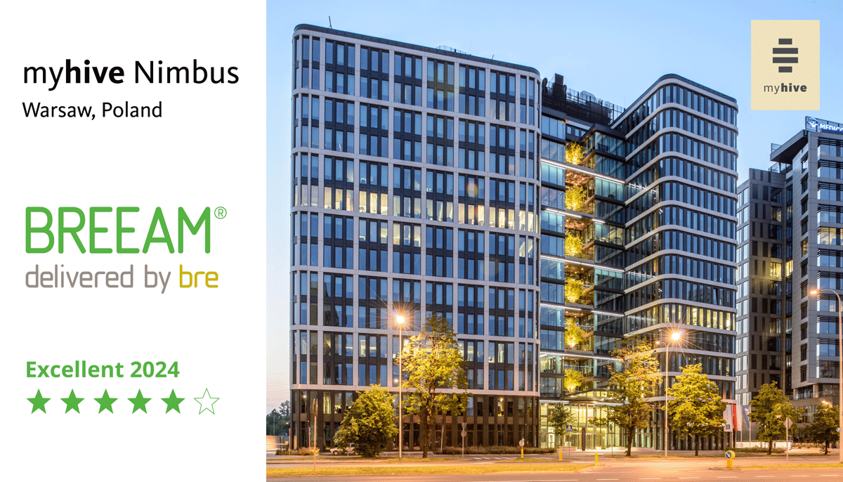 Our office building myhive Nimbus in Warsaw, Poland, is yet another CPIPG property to earn the prestigious BREEAM In-Use certificate with an Excellent rating!