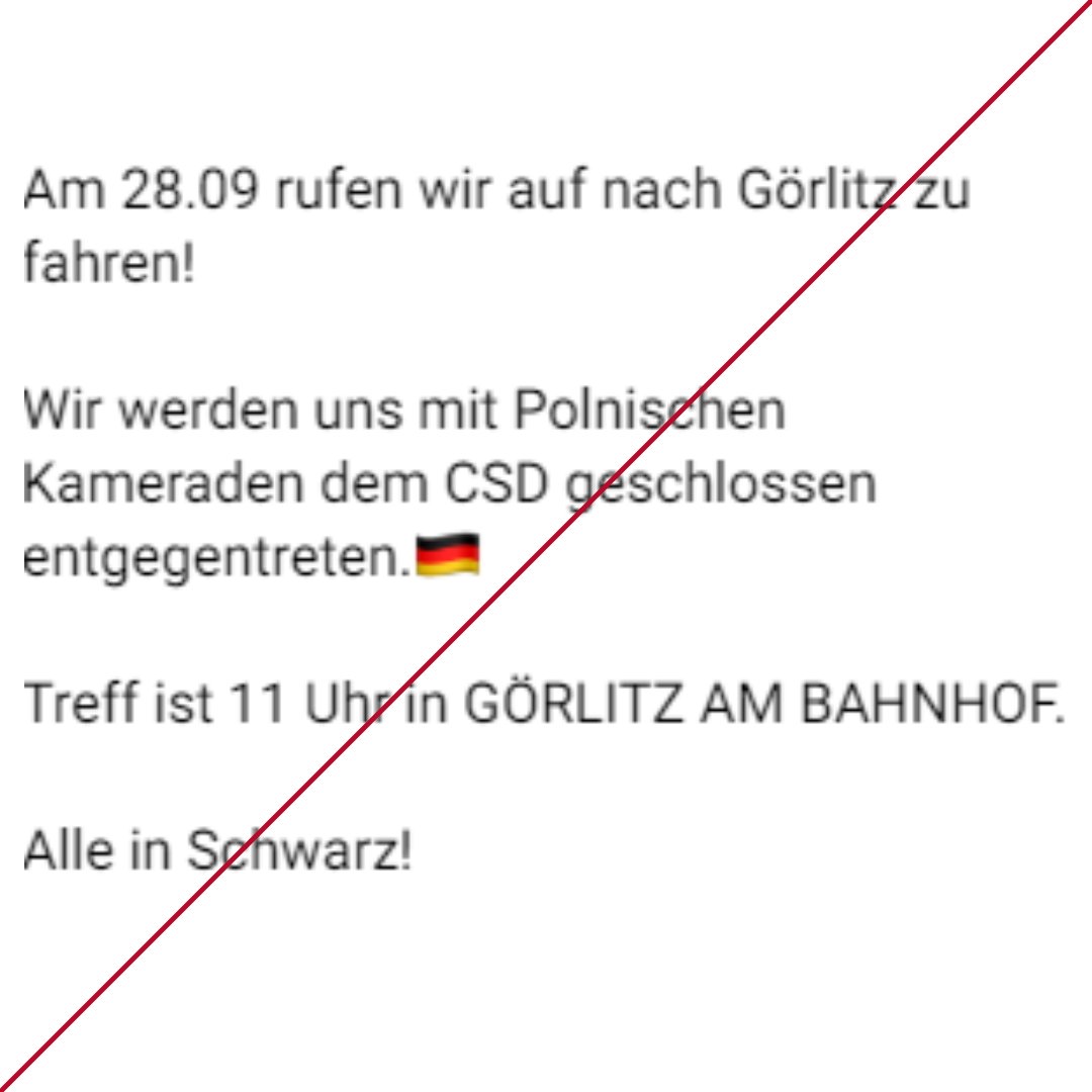 Neonazis aus Deutschland rufen dazu auf, gemeinsam mit polnischen Rechtsextremen den #CSD in #Görlitz zu stören. Wie das aussieht, haben wir beim CSD #Bautzen gesehen. Fahrt dahin, supportet und zeigt eure Unterstützung! ✊

👉 28.09.24 um 12:00 Uhr 
👉Start: Bahnhof Görlitz