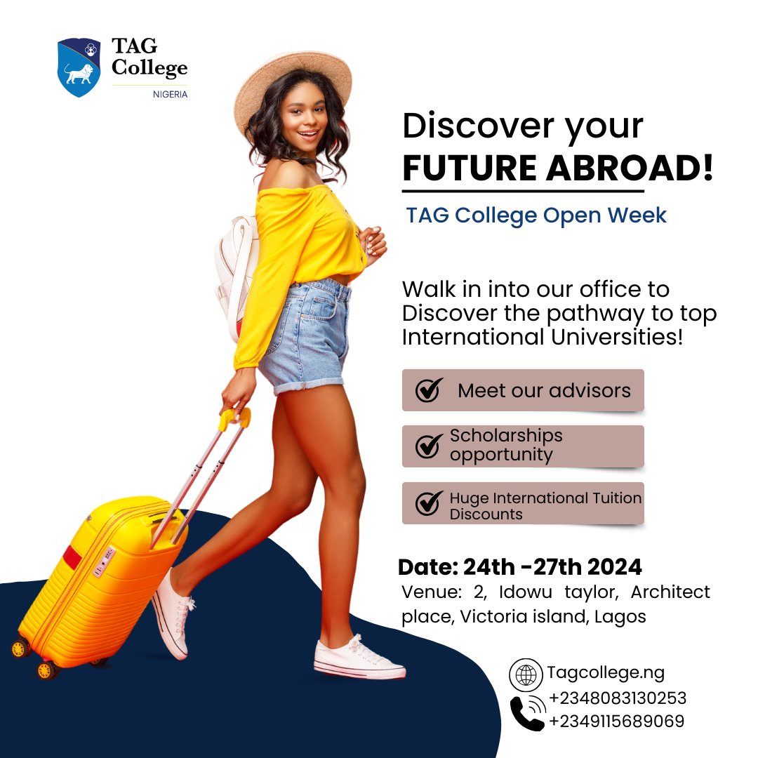 Interested in studying abroad? TAG College's Open Week is the perfect time to learn about our 9-month foundation program that qualifies you for top universities globally. Drop by our office and get started today!

For Inquiries:​
📩 info@tagcollege.sch.ng​
 #StudyAbroad