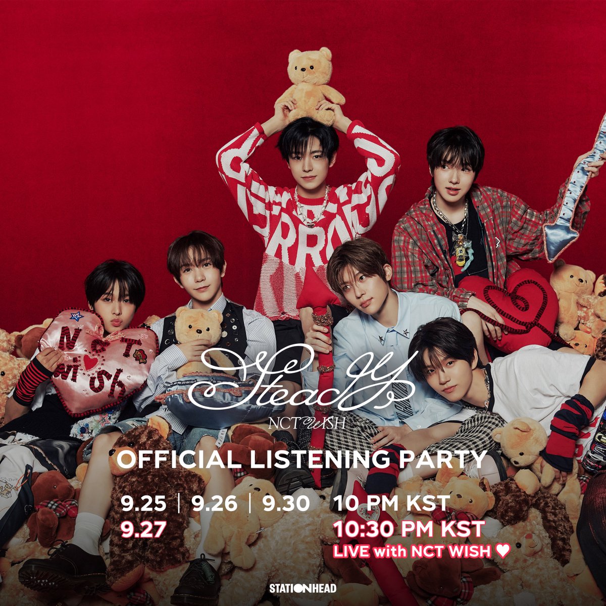 nctwishofficial's tweet image. 📢🧸 Feeling good right now? 
NCT WISH's "Steady" Official Listening Party is on the way❤️
 
Stay tuned at @Stationhead
🔗 stationhead.live/nctwishofficial  
 
💫 09.25 10PM KST
💫 09.26 10PM KST
🌠 09.27 10:30PM KST 🎙 LIVE with NCT WISH 
💫 09.30 10PM KST
 
#NCTWISH #Steady