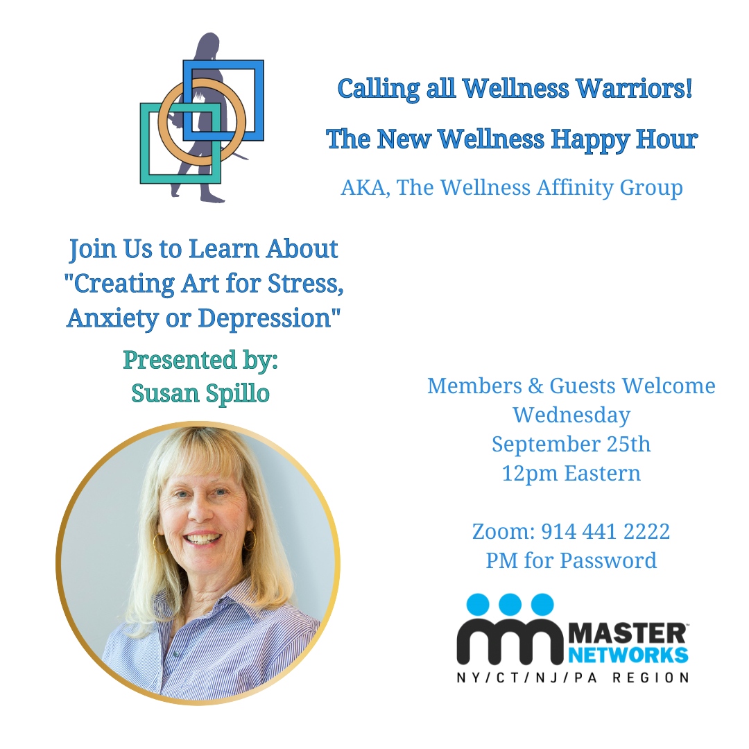 Networking_NY's tweet image. Join Us for Wellness Happy Hour!

We're excited to announce that our first Wellness Happy Hour is happening on Wednesday, September 25, at 12 PM!

This month, we're featuring the talented Susan Spillo, who will be speaking on Creating Art for Stress, Anxiety, and Depression.

...
