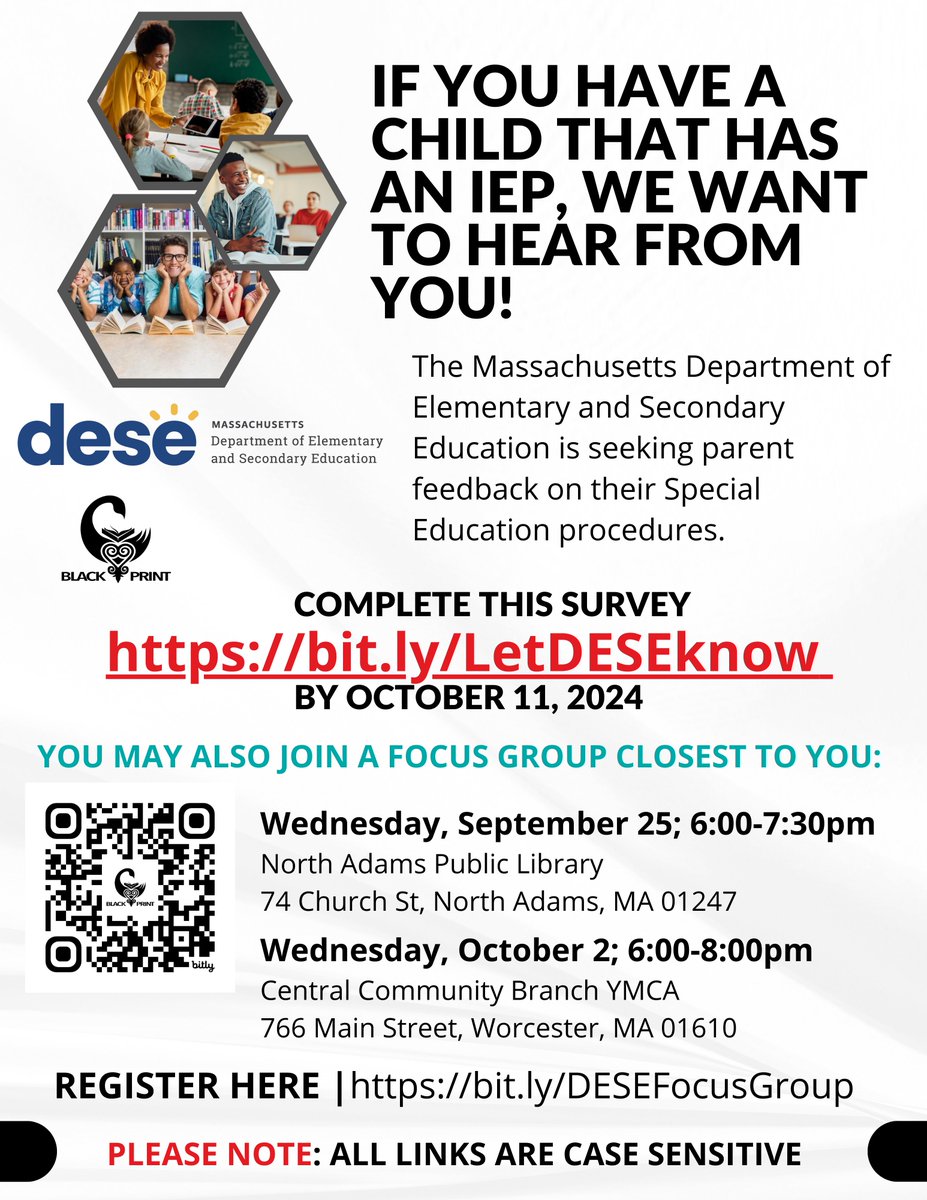 BlackPrint Education Consulting, in partnership with 
<a href="/MASchoolsK12/">Massachusetts K-12</a>, is seeking feedback from families of students with IEPs to help improve special education procedures.

Focus Group: bit.ly/DESEFocusGroup

Survey: bit.ly/LetDESEknow (deadline: October 11, 2024)