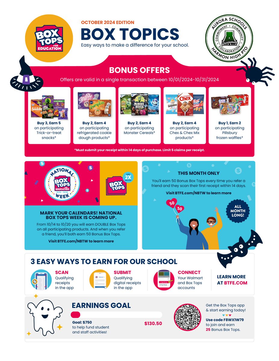 Another easy way to support HHPTO is Box Tops for Education! You can download the app OR follow the QR code/website below! Use our unique code, F8WX1W79, and earn 25 bonus Box Tops!