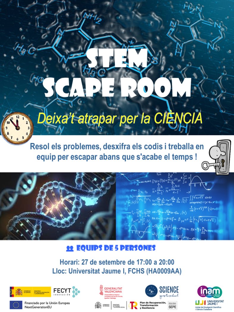 El INAM participará en el taller "STEM Scape Room: Deixat atrapar per la ciència"🧠🔬.

🗓️ 27/09/2024
📍 FCHS (HA0009AA)
⏰ 17:00 a 20:00 h
¡Te esperamos para resolver retos científicos de forma divertida! #Ciencia #STEM #ScapeRoom