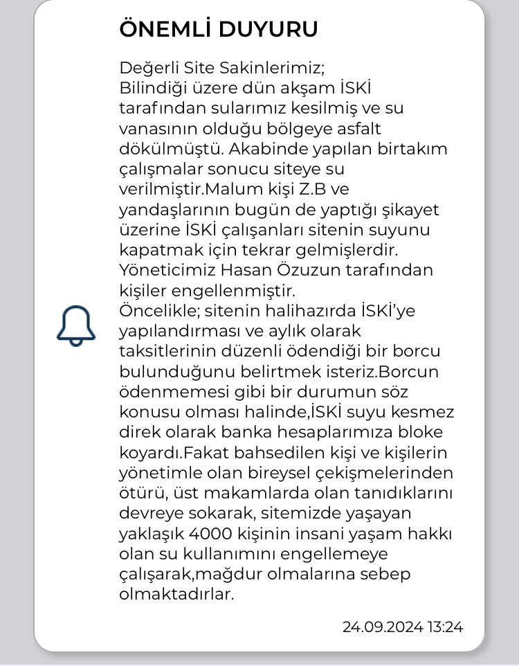 torpi74's tweet photo. Sayın Başkan, Esenyurt Solarkent Sitesinde üst düzey tanıdıklarım sayesinde suyu kestirdiğimi iddia ediyor. İski tarafından söz konusu sitenin suyunun neden kesildiği hususunda ilgililer site sakinlerini aydınlatabilir mi? @ekrem_imamoglu @iskignmudurlugu https://t.co/3zlbZ4sSZg