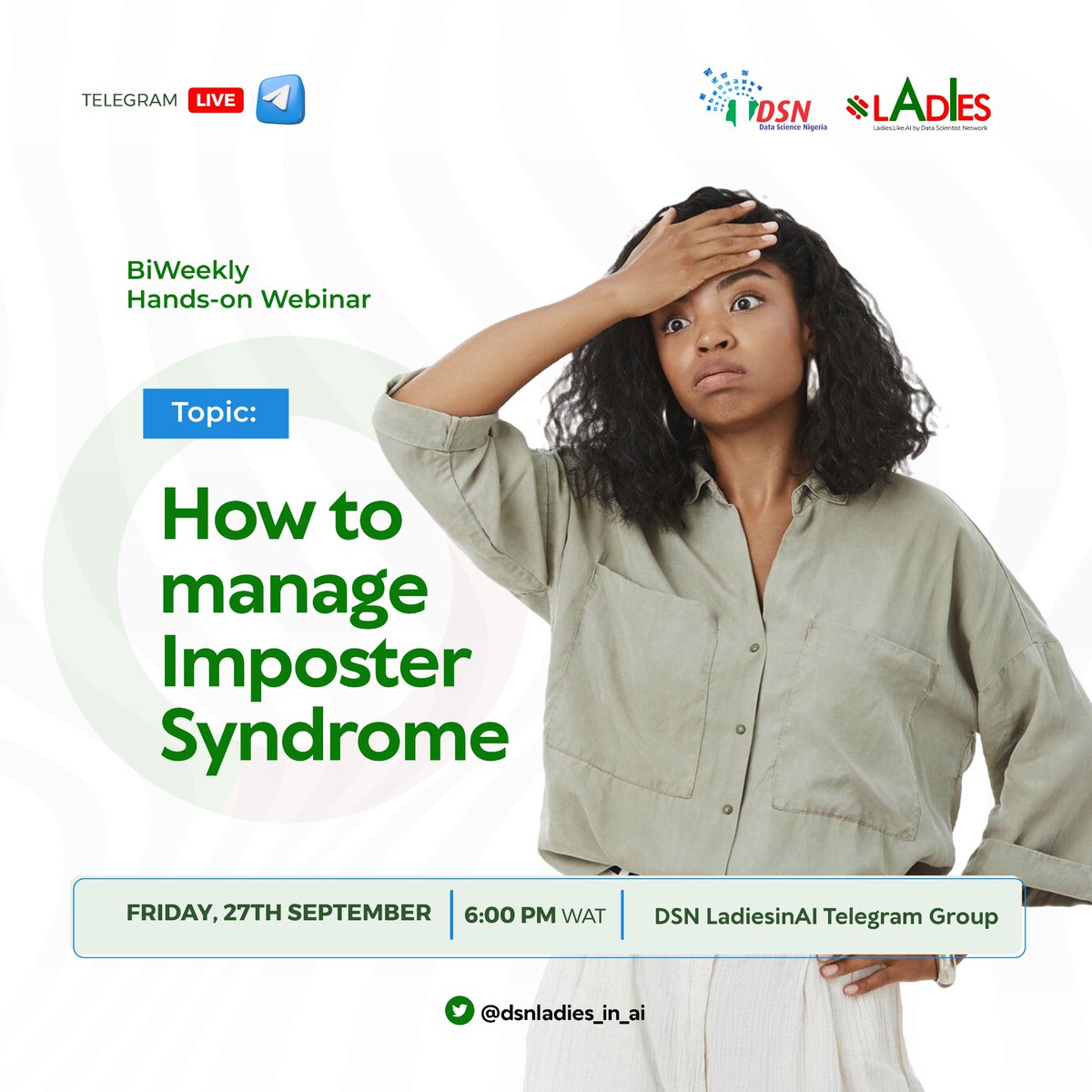 dsnladies_in_ai's tweet image. Hello, Ladies!

Join us on Friday for an insightful session on “How to Manage Imposter Syndrome.” 

It will be a valuable learning experience for all.

Join here: t.me/+BQcqH0vhQ4c1Z…

See you there!

#DSNLadiesinAI #DataScienceCommunity #AIforGood #DSNWebinar #WomenInTech
