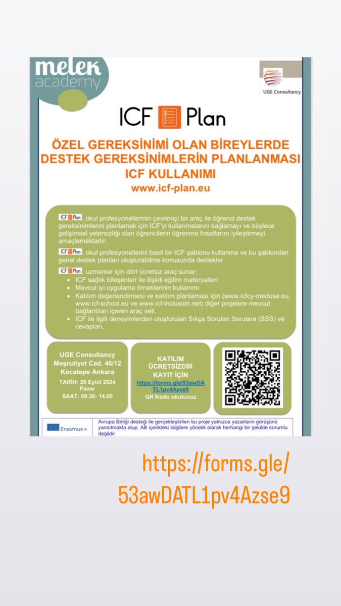 ICF Plan Projesi kapsamında ÖZEL GEREKSİNİMİ OLAN BİREYLERDE DESTEK GEREKSİNİMLERİN PLANLANMASI ICF KULLANIMI konulu eğitim 29 Eylül 2024 Pazar günü gerçekleştirilecektir. Katılım kısıtlı olduğundan kayıt yapılması gerekmektedir. 
Kayıt
lnkd.in/e5EbkndE
Etkinlik Ücretsiz