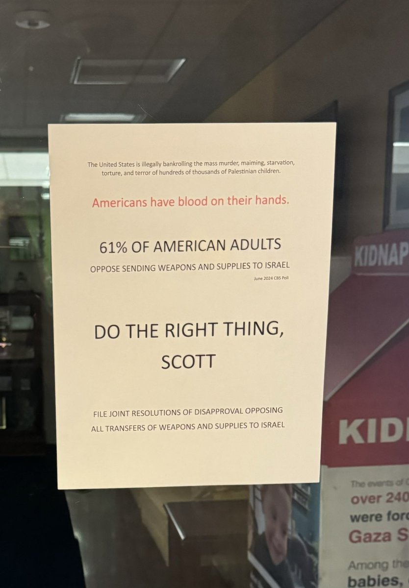 SenRickScott's tweet photo. This morning, a terrorist sympathizer taped this to our DC office door, spewing antisemitic lies. 

I’ve got news for whoever did this: we won’t be intimidated. Iran-backed Hamas brutally murdered Israelis &amp; Americans. Hamas is evil &amp; Florida will ALWAYS stand with Israel. 🇮🇱 https://t.co/5pTd4cmBEL