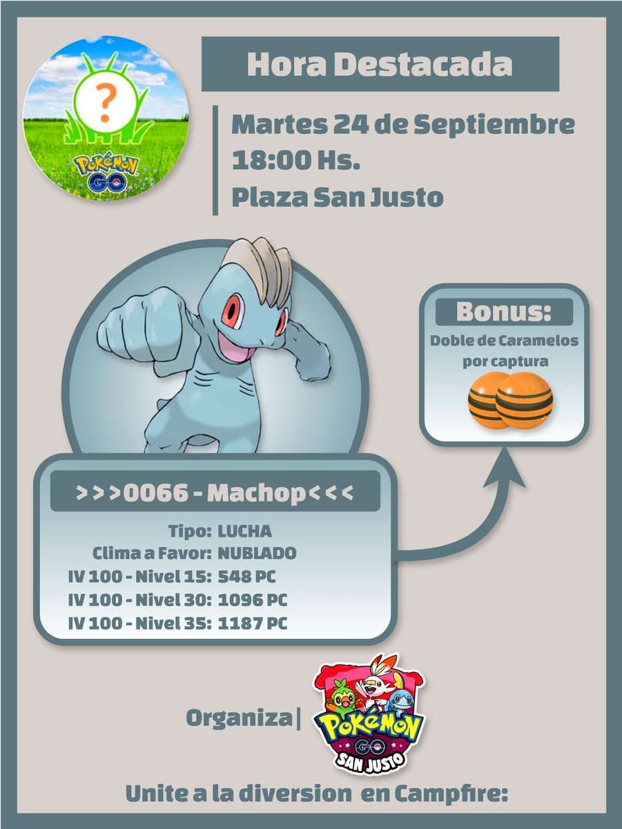 SeleneMoonie's tweet photo. ¡Hoy! Martes 24 de Septiembre #HoraDestacada #Machop
🔰Unite a nuestro grupo en Campfire y recibí recompensas al hacer #CheckIn ✅ en nuestras #Quedadas 🗓️➡️ https://t.co/5GkJ5AaKXn #PGoSanJusto #PokemonGOApp #PokemonGO @pgosanjusto @PokemonGoAppLA https://t.co/Ffn324GCQQ