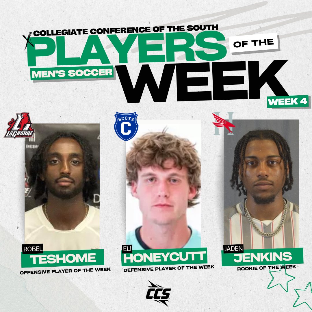 CCofSouth's tweet image. ⚽ WK 4| CCS Men’s Soccer Players of the Week

OFFENSIVE: Robel Teshome, LaGrange

DEFENSIVE: Eli Honeycutt, Covenant

ROOKIE: Jaden Jenkins, Huntingdon 

🔗: tinyurl.com/33mrcxk7

#CCS #CCSMSOC