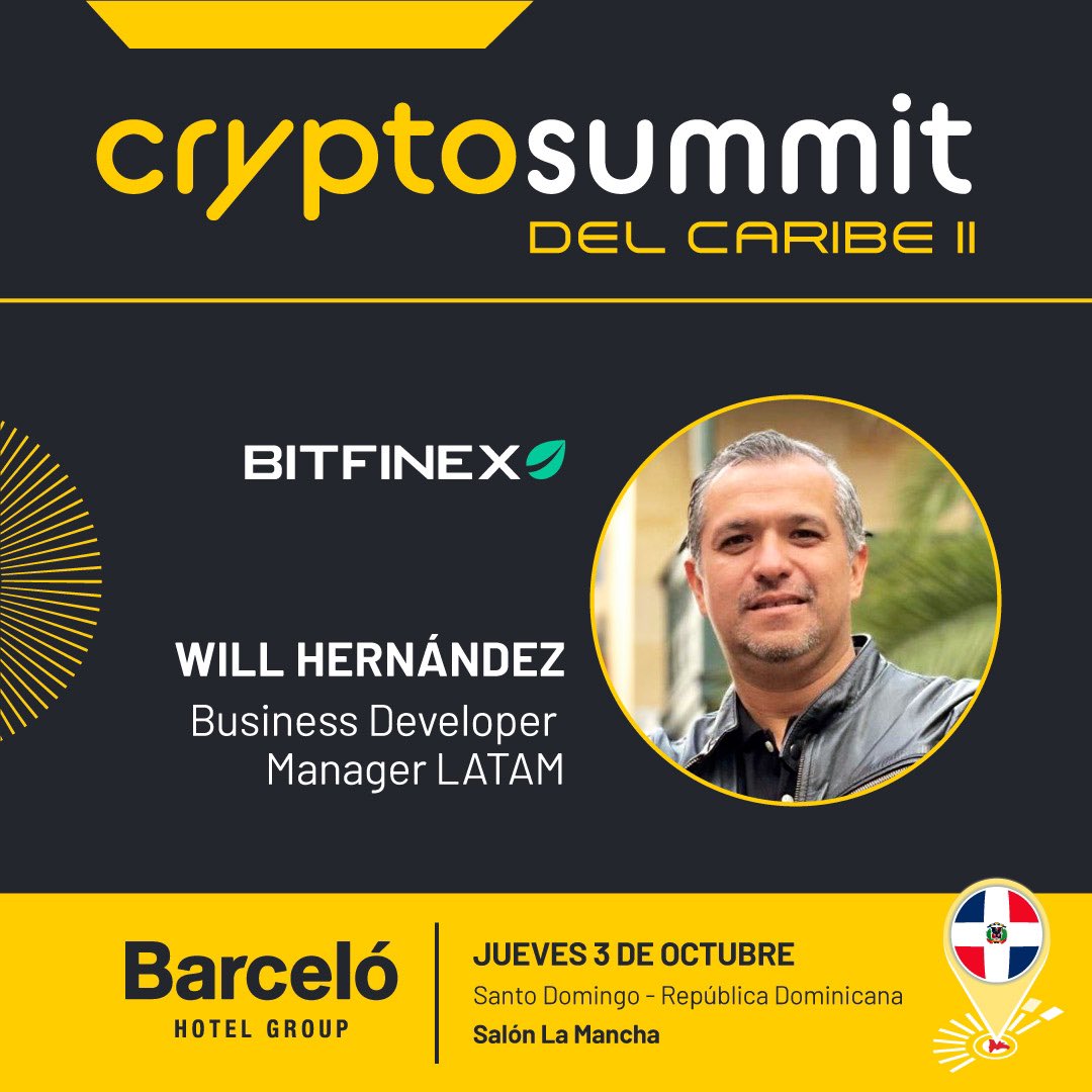 Como representantes de <a href="/bitfinex/">Bitfinex</a> se unen al <a href="/CaribeCryptoSum/">Crypto Summit Del Caribe</a> los speakers <a href="/fabitcoiner/">Fabian Delgado</a> y <a href="/whbitcoin/">Will⚡️</a> 🚀 
Participa gratuitamente en el evento crypto más importante del Caribe en la República Dominicana 📍
🔗cryptosummitdelcaribe.com