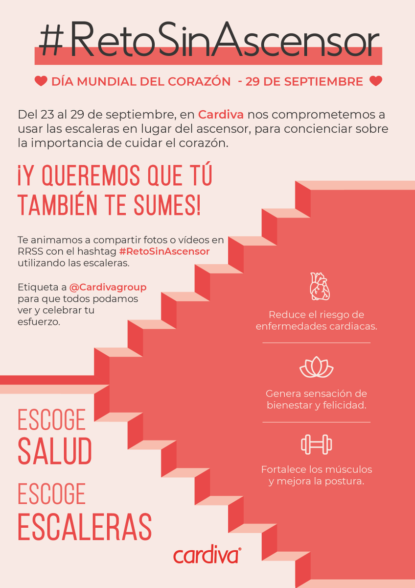 CARDIVAGROUP's tweet photo. ✌️ Día 2 del #RetoSinAscensor... ¡y seguimos subiendo! 🚶‍♂️

Los pequeños cambios marcan una gran diferencia para la salud de tu corazón. ¿Te has sumado ya? 💓 

Comparte tu experiencia con nosotros 💪.

#EsCardiva #DíaMundialDelCorazón https://t.co/XwBA6Tak2q
