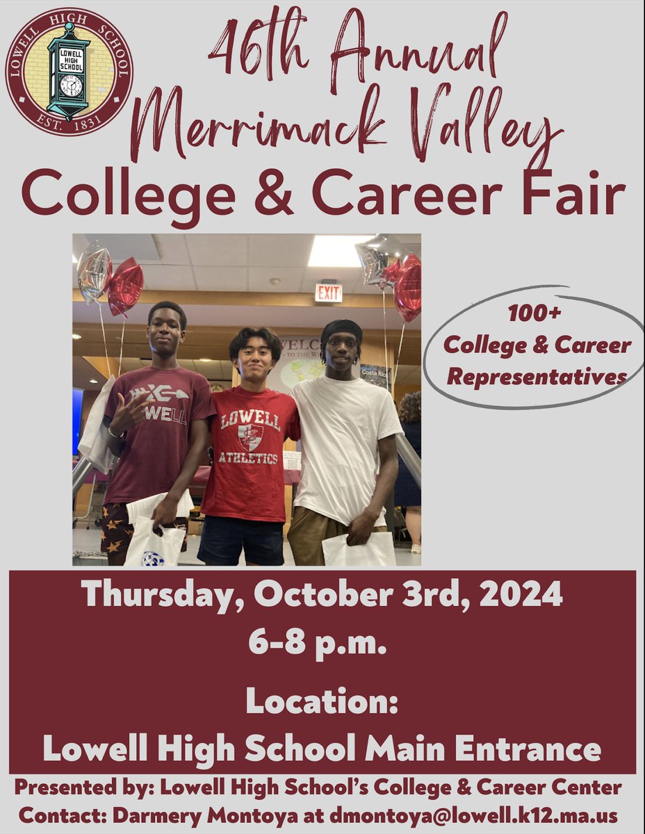 Open to students from ALL area cities and towns. Representatives from more than 115 colleges and career opportunities will be in attendance.