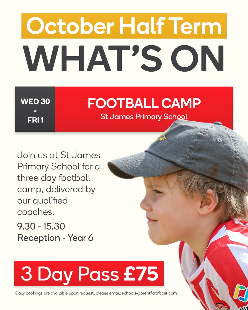 ⚽ October Half Term kicks off with our Football Camp. 👊

Join us at St James Primary School for a three day football camp, delivered by our qualified coaches!

Limited spaces 🔗 bit.ly/3MYsnN8

#RealisingPotential