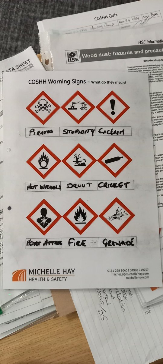 MichelleHayTrng's tweet image. Some alternative meanings of these #COSHH signs submitted in today&apos;s training session. After the real ones were discussed of course. Some more apt too. Active training works best.