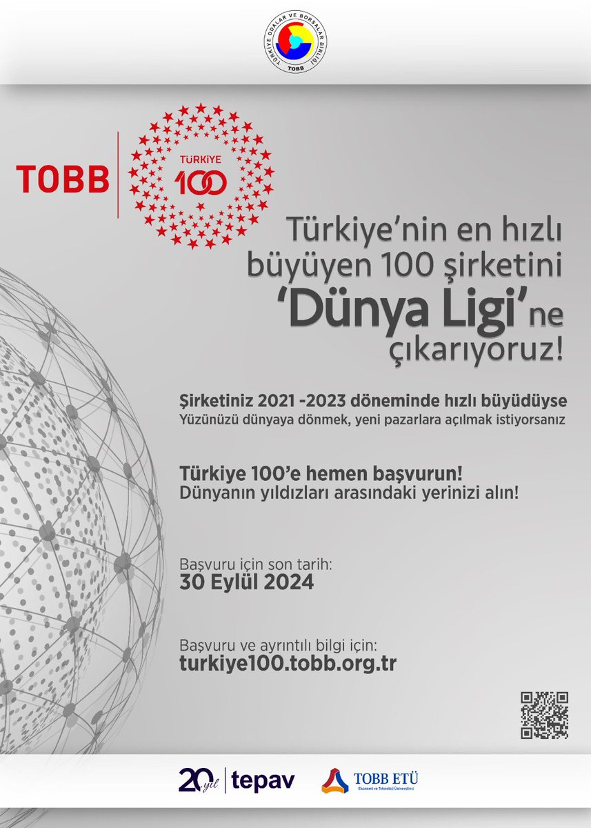📢Başvurular için son hafta…

Yüzünüzü dünyaya dönmek, yeni pazarlara açılmak istiyorsanız Türkiye 100'e hemen başvurun!    

Son başvuru tarihi: 30 Eylül 2024   Başvuru ve detaylar için⤵️ 
turkiye100.tobb.org.tr