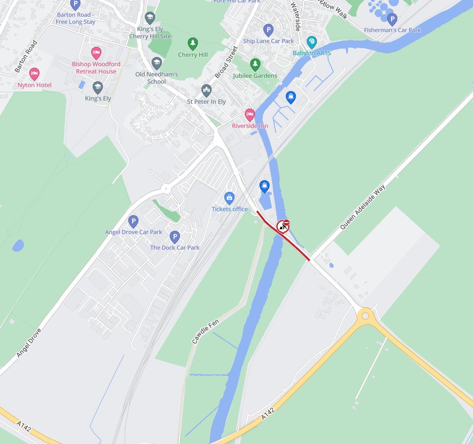 🚧ADVANCE NOTICE
Station Road, #Ely will be CLOSED both ways to all motor vehicles between the 30th Sept – 1st Oct between the hours of 8pm and 4am for works.

More info: one.network/?GB140349353