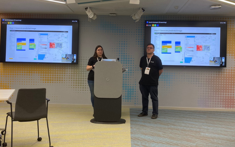 EarthBlox's tweet photo. Earth Blox's Maria Nita and Ben Butchart are having a great day at #Geo4Good in #Dublin. Their tech talk showcased the use of #EarthEngine linear regression analysis in the @EarthBlox app, underscoring the power of the @googlecloud platform for usability and scalability. https://t.co/1EoQaTt5lX