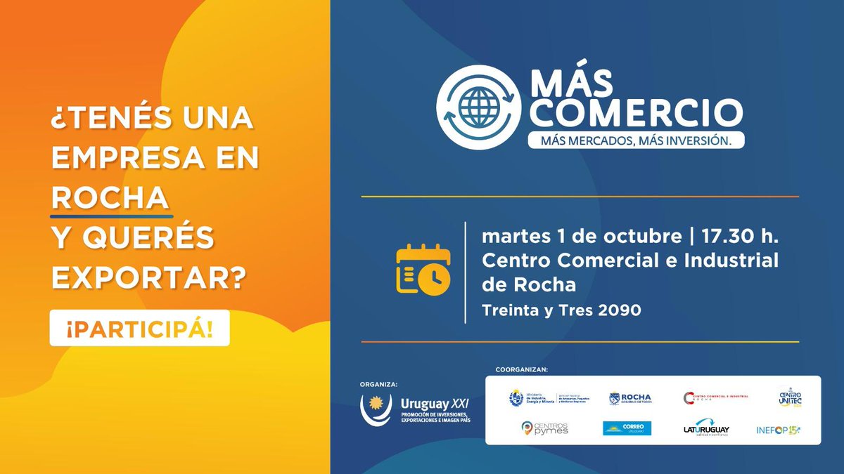 CCIRocha's tweet photo. ¡Más Comercio para Exportar al Exterior! 🌎🚢

El próximo martes 1 de octubre a las 17:30 hs, te invitamos a participar de una charla imperdible sobre cómo llevar tu negocio al mercado internacional.

Aprenderás sobre oportunidades de exportación, estrategias clave y cómo https://t.co/K5Pz0dm3o1