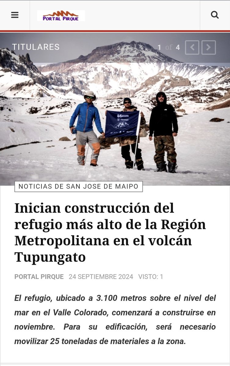 Portal Pirque Noticias (@portalpirque) on Twitter photo Inician construcción del refugio más alto de la Región Metropolitana en el volcán Tupungato
<a href="/Deporte_Libre/">DeporteLibre</a>
El refugio, ubicado a 3.100 metros sobre el nivel del mar en el Valle Colorado, comenzará a construirse en noviembre...👇👇
portalpirque.cl/index.php/worl… Inician construcción del refugio más alto de la Región Metropolitana en el volcán Tupungato
<a href="/Deporte_Libre/">DeporteLibre</a>
El refugio, ubicado a 3.100 metros sobre el nivel del mar en el Valle Colorado, comenzará a construirse en noviembre...👇👇
portalpirque.cl/index.php/worl…