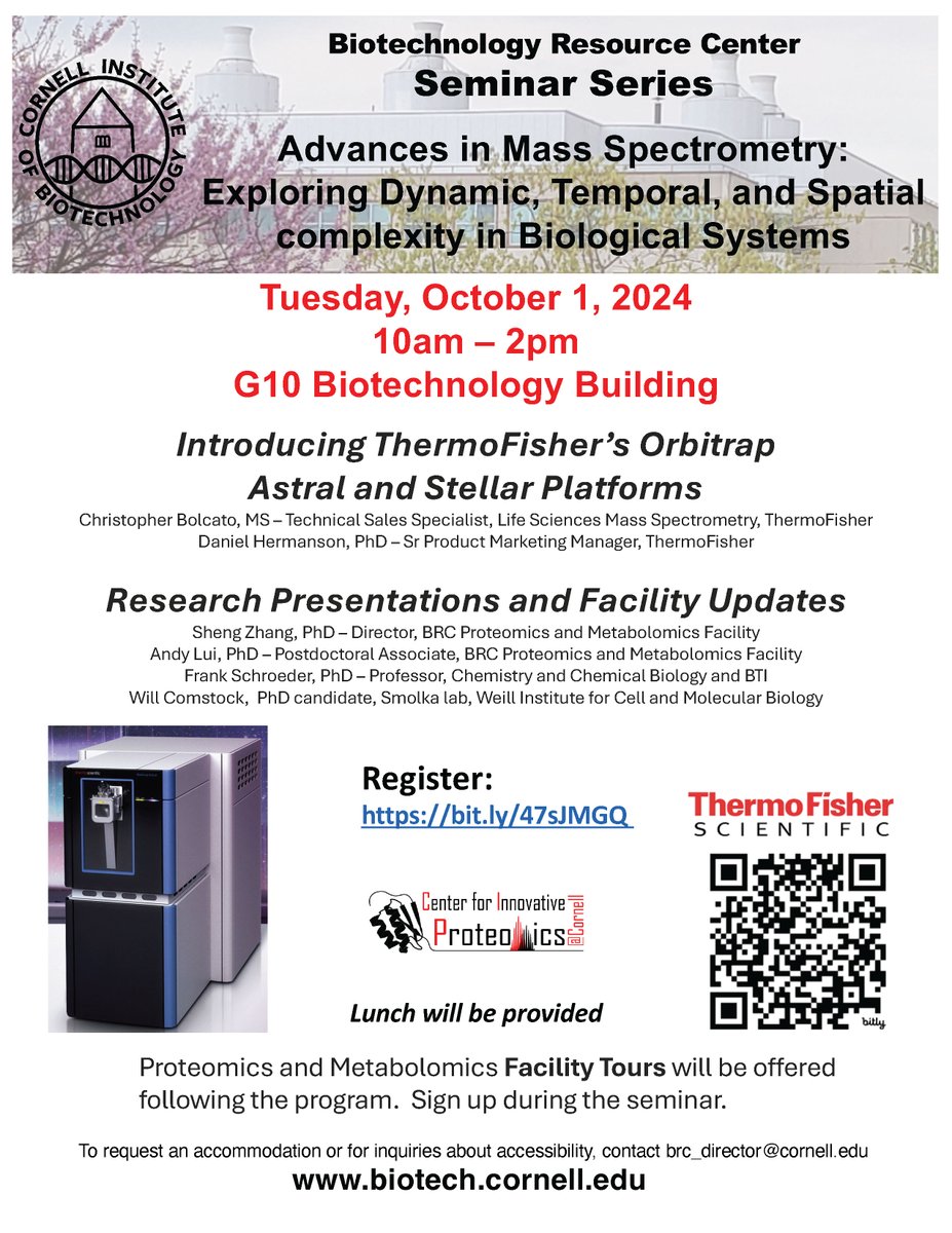 Biotechnology Resource Center Seminar Series: Advances in Mass Spectrometry: Exploring Dynamic, Temporal, and Spatial complexity in Biological Systems Tuesday, October 1, 2024
10am – 2pm
G10 Biotechnology Building
Register: bit.ly/47sJMGQ