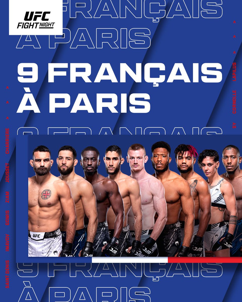 UFCFRA's tweet photo. 🇫🇷 Les Français sont à l’honneur ce weekend à l’#UFCParis

9 combattants français seront à la carte ce samedi devant une Accor Arena à guichets fermés ! https://t.co/pTE7qttzww