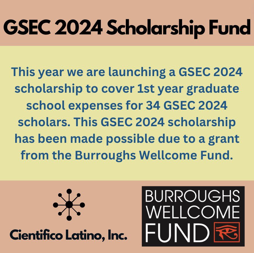 We are happy to announce that we have received a grant from the Burroughs Wellcome Fund (@bwfund) to launch a GSEC Scholarship Fund to support 34 1st year grad students (part of our GSEC 2024 program) by covering financial expenses in their 1st year of grad school.