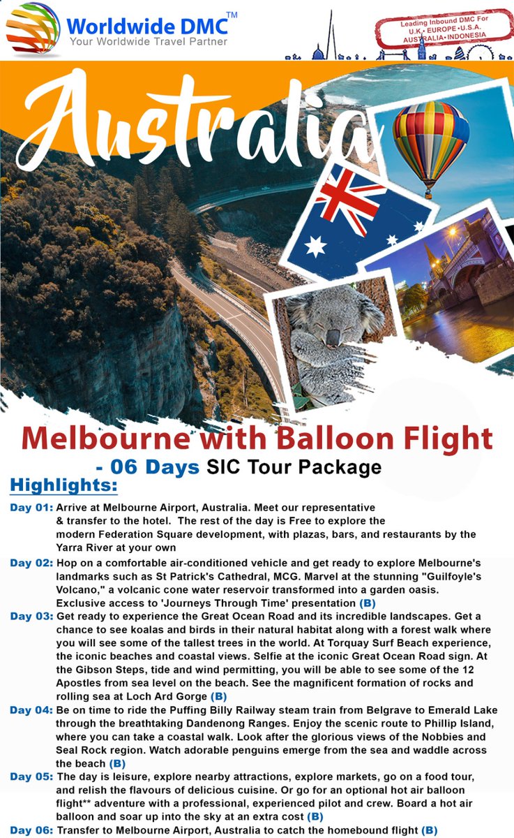 dmc_worldwide's tweet photo. Soar above the vibrant city of Melbourne on a breathtaking hot air balloon flight! 🎈 Experience the city from a unique perspective and create unforgettable memories.

#Melbourne #Australia #HotAirBalloon #Travel #Vacation #Adventure #Explore https://t.co/gyvRUnbZsw