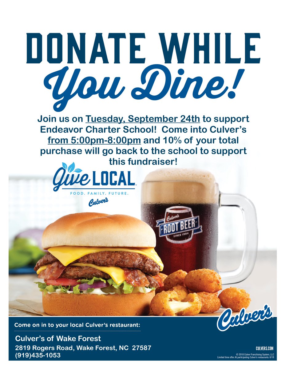 EndeavorCharter's tweet photo. It's Spirit Night at Culver's tonight! Join us for an easy and delicious dinner from 5-8 pm at Culver's in Wake Forest. Bring your friends and family to support ECS and PAWS! https://t.co/Iy7tOaihPl