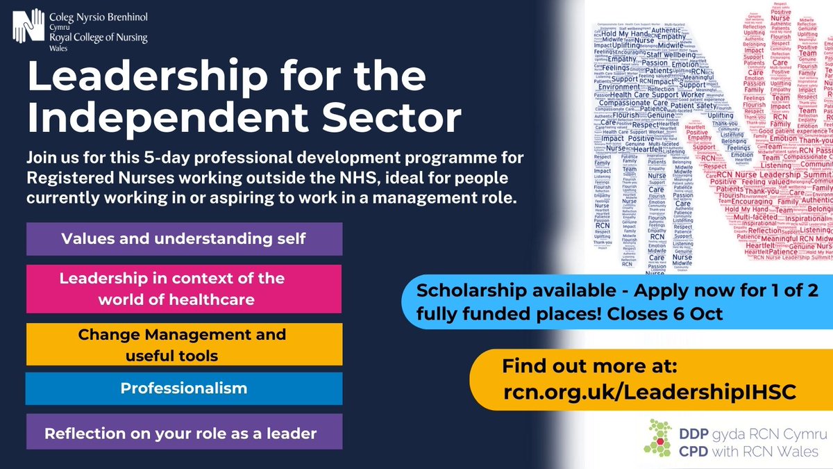 RCNWales's tweet image. We are extremely grateful to @CNOCymru for sponsoring a place on @RCNWales Leadership for the Independent Sector course, a professional development programme for nurses working in the IHSC sector.

Find out more and apply by 6 October: bit.ly/3XEUBT0