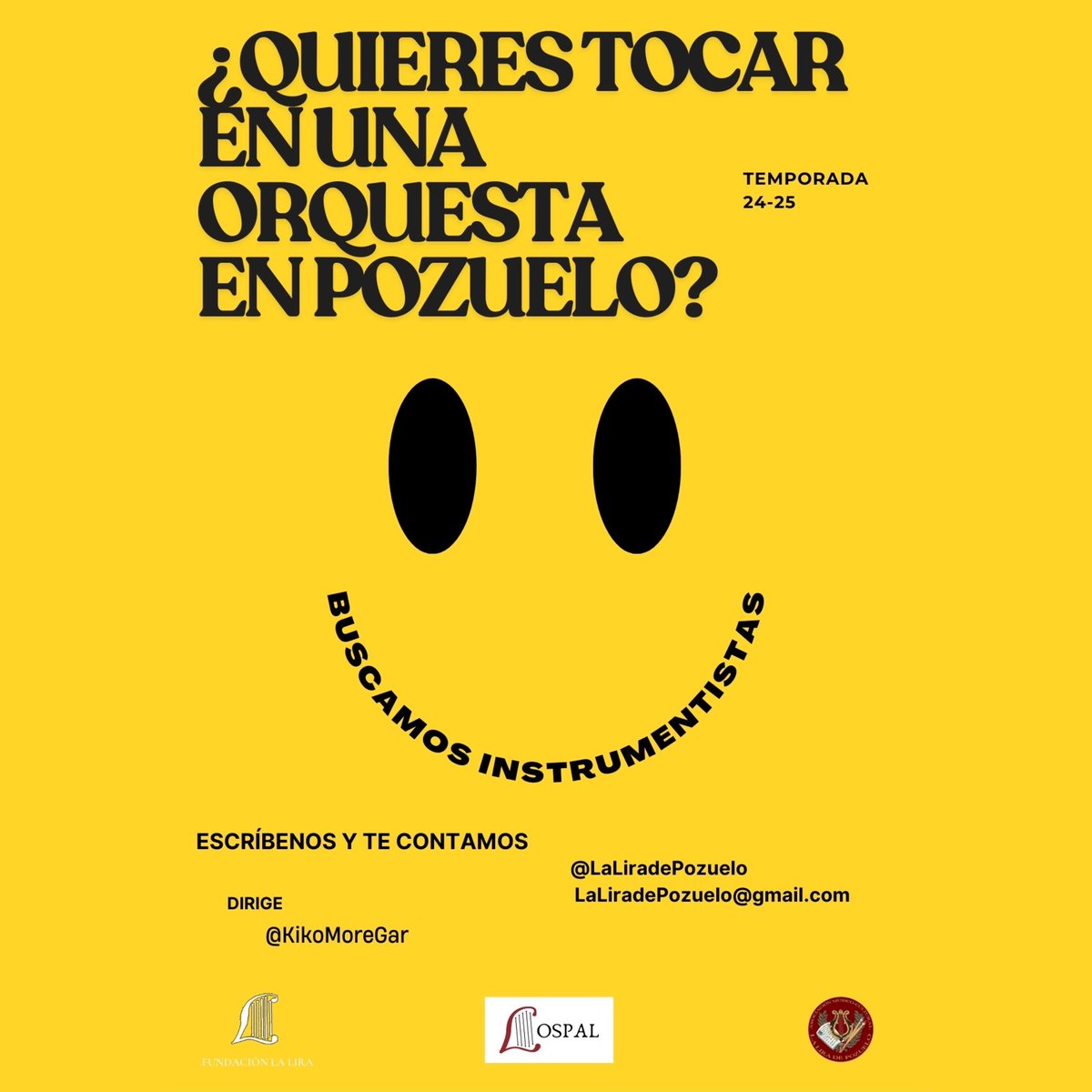 ¡¡LA OSPAL BUSCA INTEGRANTES!!🎻🎷🎺 
¿Te gustaría formar parte de la Orquesta Sinfónica de Pozuelo de Alarcón La Lira? 

¡No pierdas la oportunidad de formar parte de esta gran agrupación!

Solicita más información:
Laliradepozuelo@gmail.com