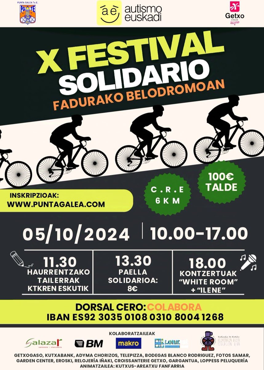 Próximo 5 de Octubre en el velódromo de #Fadura X Fertival Solidario en favor de Autismo Euskadi. 
Ven a pasar un buen día con nosotros!!!

#PuntaGaleaTxE