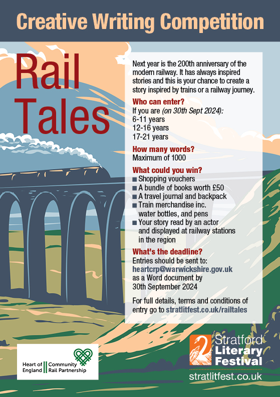 Heart Community Rail (@heartcrp) on Twitter photo Just under a week to get your entries in to our Rail Tales competition in partnership with <a href="/StratLitFest/">Stratford Literary Festival</a>
Be in with a chance to win some amazing prizes, including a fabulous rail themed book bundle from <a href="/warwickbooks/">Warwick Book Shop</a> 🚆📚💚
<a href="/CommunityRail/">Community Rail Network</a> <a href="/warkslibraries/">Warwickshire Libraries</a> <a href="/Child_Warks/">Child Friendly Warwickshire</a> Just under a week to get your entries in to our Rail Tales competition in partnership with <a href="/StratLitFest/">Stratford Literary Festival</a>
Be in with a chance to win some amazing prizes, including a fabulous rail themed book bundle from <a href="/warwickbooks/">Warwick Book Shop</a> 🚆📚💚
<a href="/CommunityRail/">Community Rail Network</a> <a href="/warkslibraries/">Warwickshire Libraries</a> <a href="/Child_Warks/">Child Friendly Warwickshire</a>