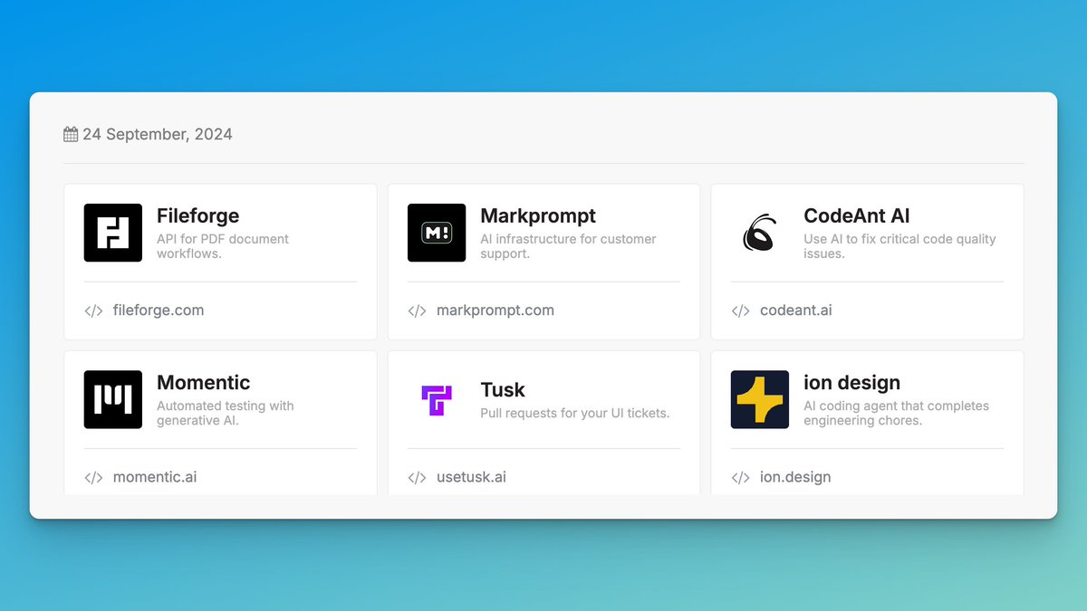 NewDevTools's tweet image. Today&apos;s 6 new dev tools to check out:

1. @fileforgelabs - API for PDF document workflows
2. @markprompt - AI infrastructure for customer support
3. @CodeAntAI - Use AI to fix critical code quality issues
4. @MomenticAI - Automated testing with generative AI
5. @usetusk - Pull…