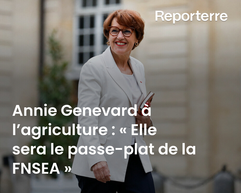 Reporterre's tweet photo. Avec la nomination d'Anne Genevard comme nouvelle ministre de l'Agriculture, l'agro-industrie se frotte les mains. 

Lire l'article ➡️ https://t.co/a7njWuS8Vo https://t.co/wV2j992P4q