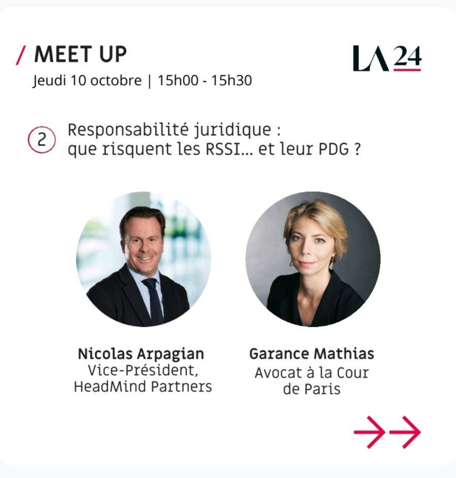 Head Mind Partners (@head_mind_group) on Twitter photo Rendez vous à <a href="/Les_Assises/">Les Assises</a> au <a href="/Grimaldi_Forum/">Grimaldi Forum Monaco</a> le 10 octobre autour de Me <a href="/GaranceMathias/">Garance Mathias</a> et Nicolas Arpagian <a href="/cyberguerre/">Nicolas Arpagian</a> vice-président de <a href="/Head_Mind_Group/">Head Mind Partners</a> pour comprendre les nouvelles formes de responsabilité juridique des #CISOs #RSSI 
#cyber #legal <a href="/CESIN_France/">CESIN</a> Rendez vous à <a href="/Les_Assises/">Les Assises</a> au <a href="/Grimaldi_Forum/">Grimaldi Forum Monaco</a> le 10 octobre autour de Me <a href="/GaranceMathias/">Garance Mathias</a> et Nicolas Arpagian <a href="/cyberguerre/">Nicolas Arpagian</a> vice-président de <a href="/Head_Mind_Group/">Head Mind Partners</a> pour comprendre les nouvelles formes de responsabilité juridique des #CISOs #RSSI 
#cyber #legal <a href="/CESIN_France/">CESIN</a>
