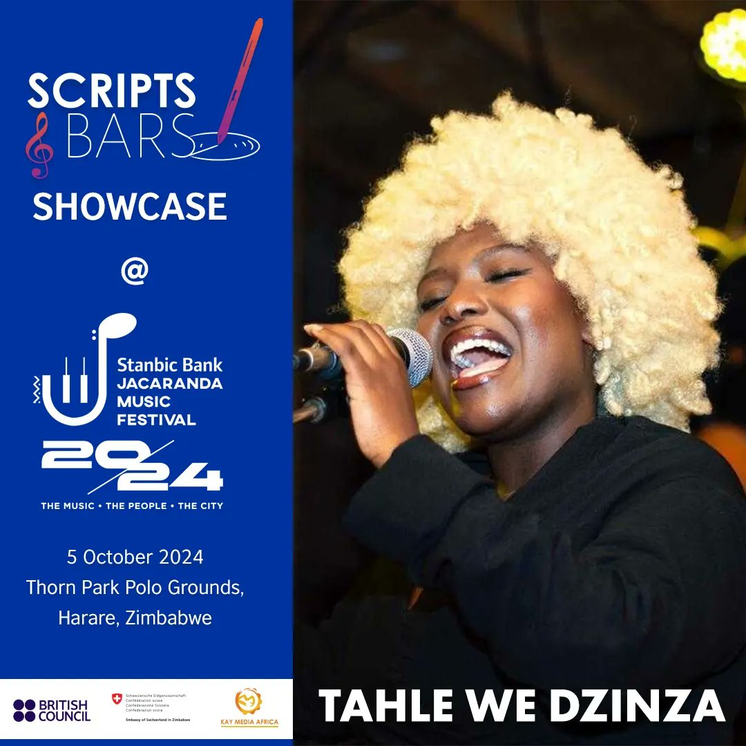 scriptsandbars's tweet image. Tahle weDzinza will be performing during the Scripts and Bars Showcase at the Stanbic Bank Jacaranda Music Festival on October 5, 2024, in Harare.

@SouthernAfrArts @jacarandamusicf @kaymediaafrica

#SJMF2024 #ScriptsandBars #BritishCouncil #BCSSAArts