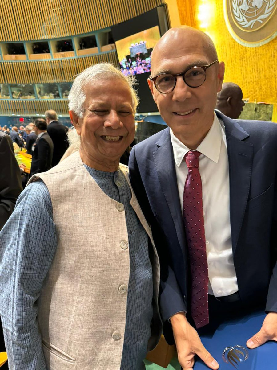 Professor Muhammad Yunus shares a moment with UN High Commissioner for Human Rights, Volker Turk, at the United Nations General Assembly reception hosted by the High Commissioner.