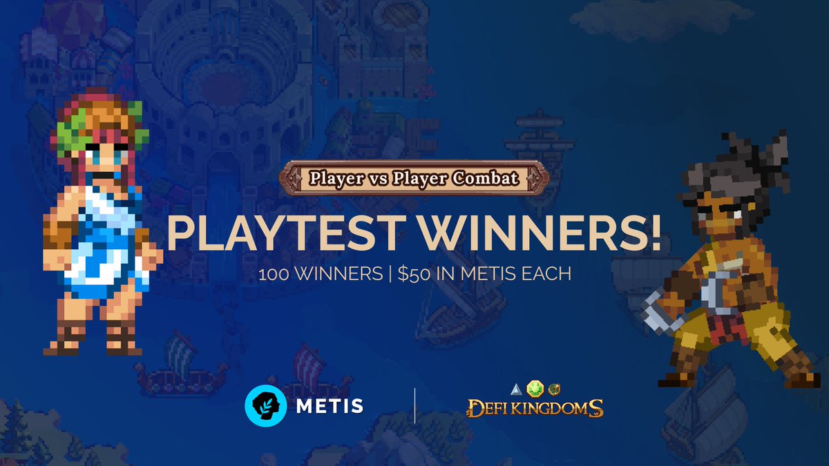 We are pleased to bring you the winners from the #DFKPvPTesting weekend!

100 winners, $50 in METIS each, to be delivered after the public launch of the DFK PvP Colosseum on <a href="/MetisL2/">Metis🌿</a>

Winners, please DM us with your 0x to claim. If you can't DM us, comment and we'll DM you